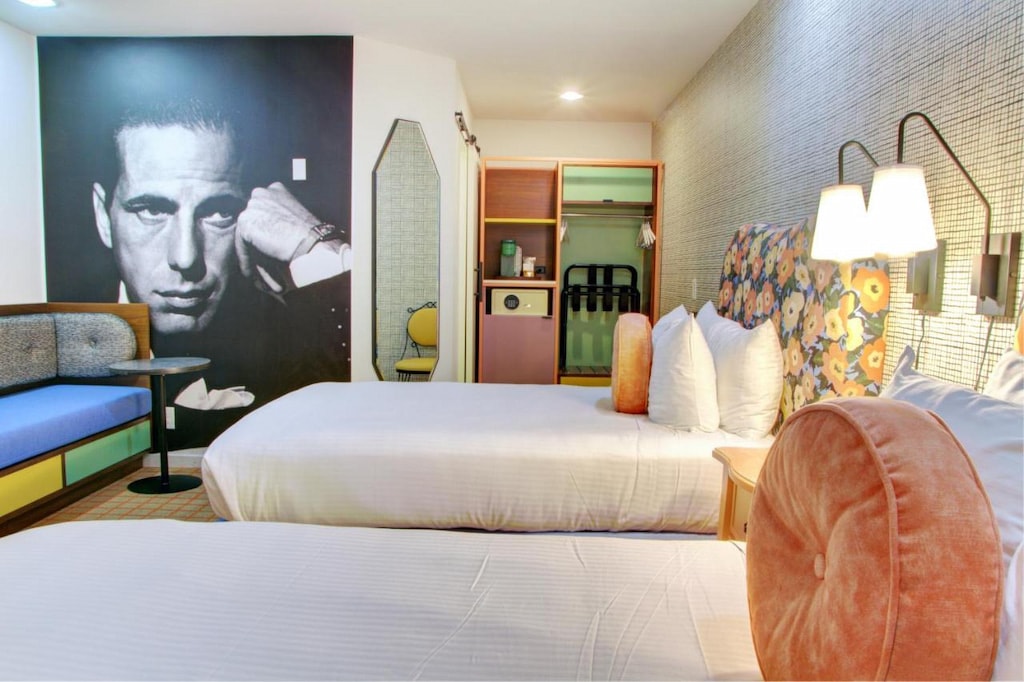 eclectic decor in this best boutique hotel in Hollywood Hills with James Dean portrait in black and white on the wall and funky furniture