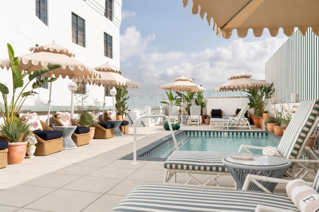 A cool hotel in California West Hollywood with a rooftop pool surrounded by benches and potted plants.
