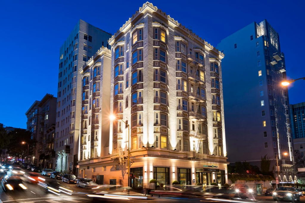 Exterior view of one of the best boutique hotels in San Francisco Union Square under the night sky