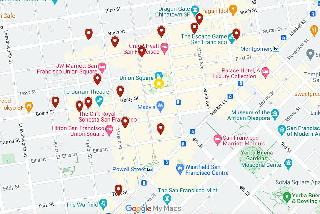 cool Boutique Hotels in Union Square San Francisco Map