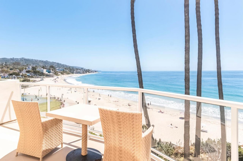 terrace of the hotel room with an amazing view of Laguna Beach and its white sand