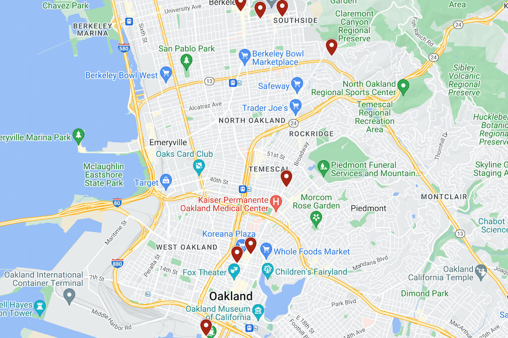 map of the best boutique hotels in Oakland and Berkeley California