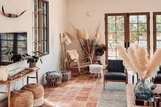 A rustic style room with wooden furnitures and decor.