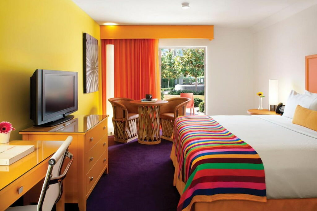 A bright colored room in one of the coolest hotels in Palm Springs, CA.