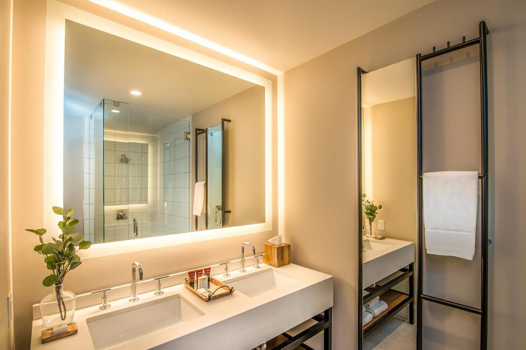 modern bathroom with with mirrors with LED lights in one of the cool hotels in Sonoma
