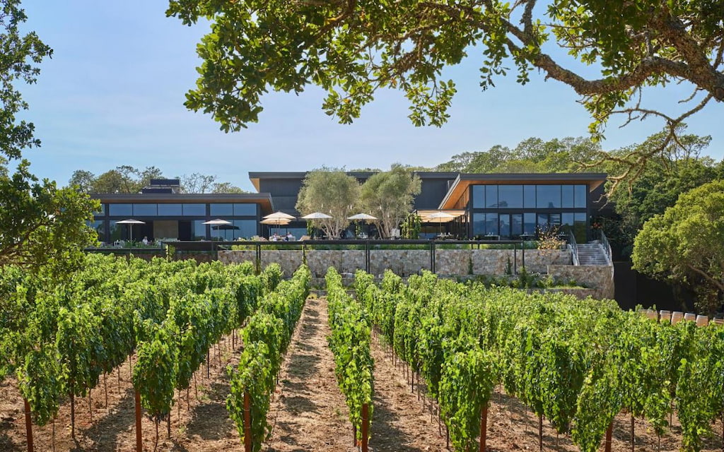 a rolling vineyard lies in front of a modern designed Sonoma hotel on a sunny day 