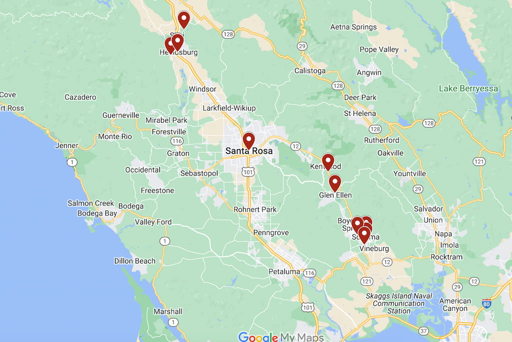 Best Boutique Hotels in Sonoma Wine Country Map