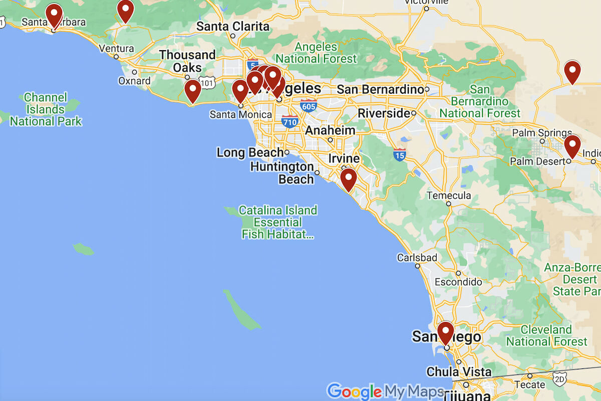 A digital map that points to the best boutique hotels in Southern California