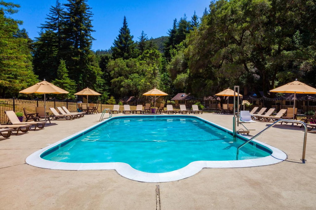 Outdoor pool surrounded by pool benches and umbrellas and tall high trees under the blue sky