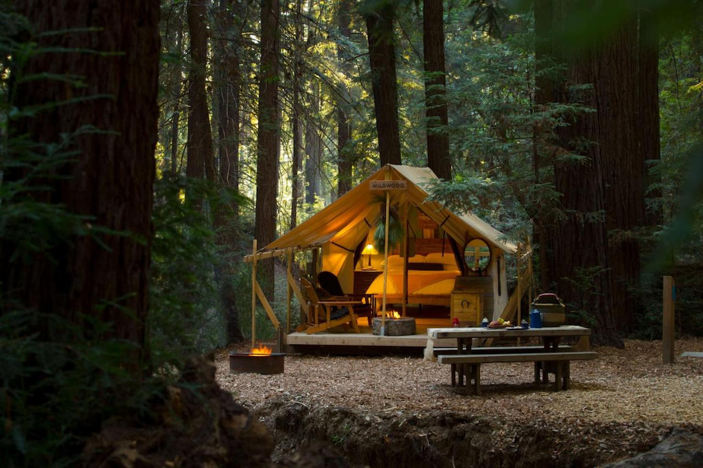 a luxury tent in California sits amongst redwood forests with a picnic table out front in dim light