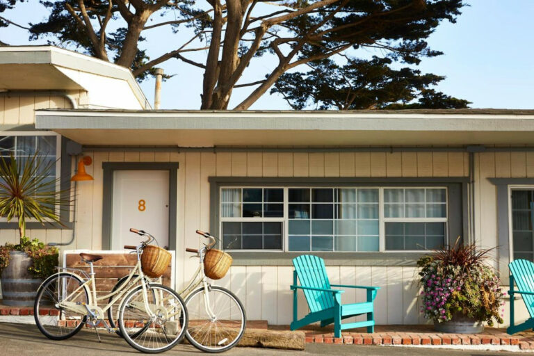 best boutique hotels in Cambria California with bicycles and teal wood chairs