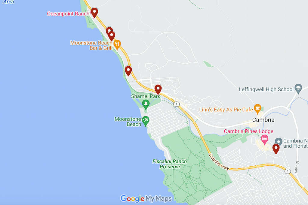 digital Google map of the best boutique hotels in Cambria CA