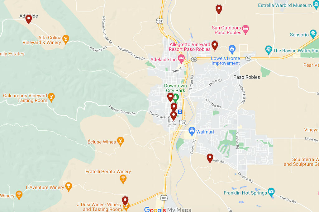digital Google map of the best boutique hotels in Paso Robles California