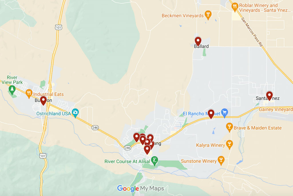 digital Google map of the best boutique hotels in Solvang California